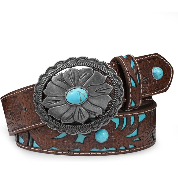Western Belt Retro Style faux Turquoise Belt Ladies Cowgirl Concho Leather Belt - Picture 1 of 5